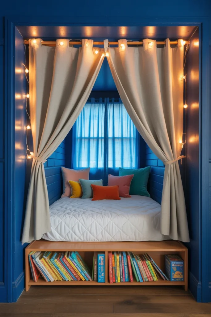 Kids closet reading nook ideas with blue walls cozy mattress and front-facing bookshelves