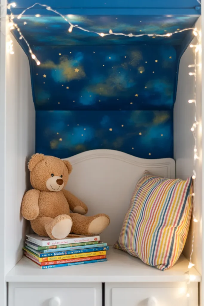 Kids closet reading nook with painted starry ceiling and fairy lights