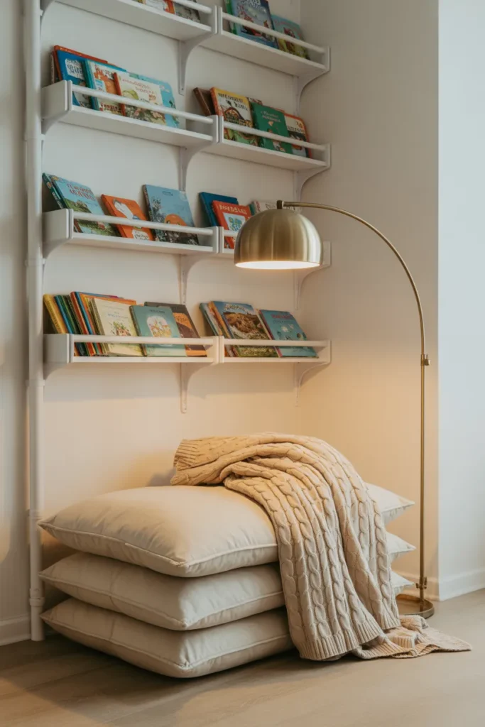 Kids reading nook library wall with rain gutter book shelves and floor cushions