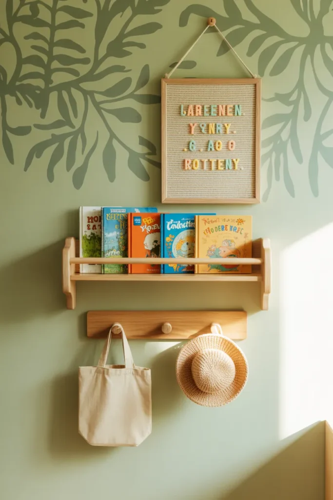 Kids reading nook wall decor with sage mural picture ledge and felt letter board