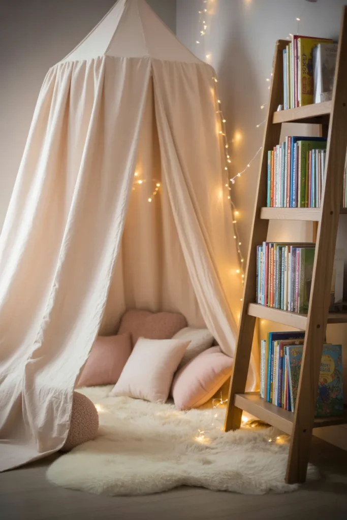 Kids reading tent nook with canopy ladder bookshelf and cozy sheepskin