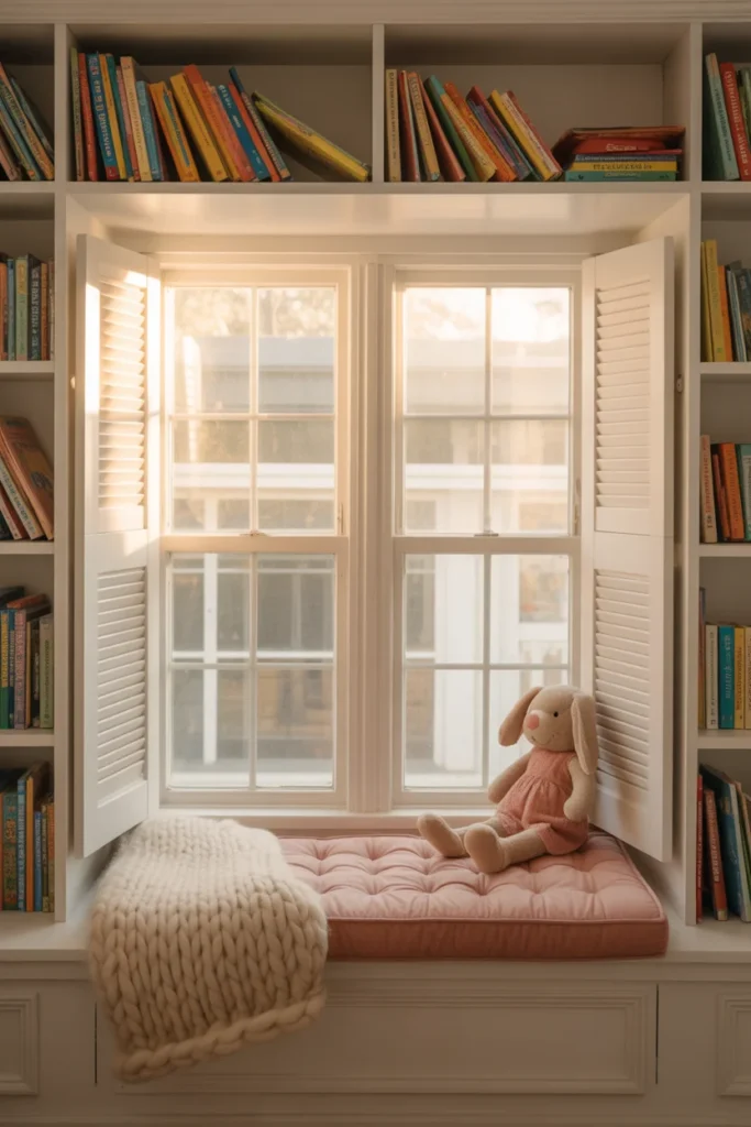 Kids window seat reading nook with built-in bookshelves and pink cushion — cozy kids reading corner ideas