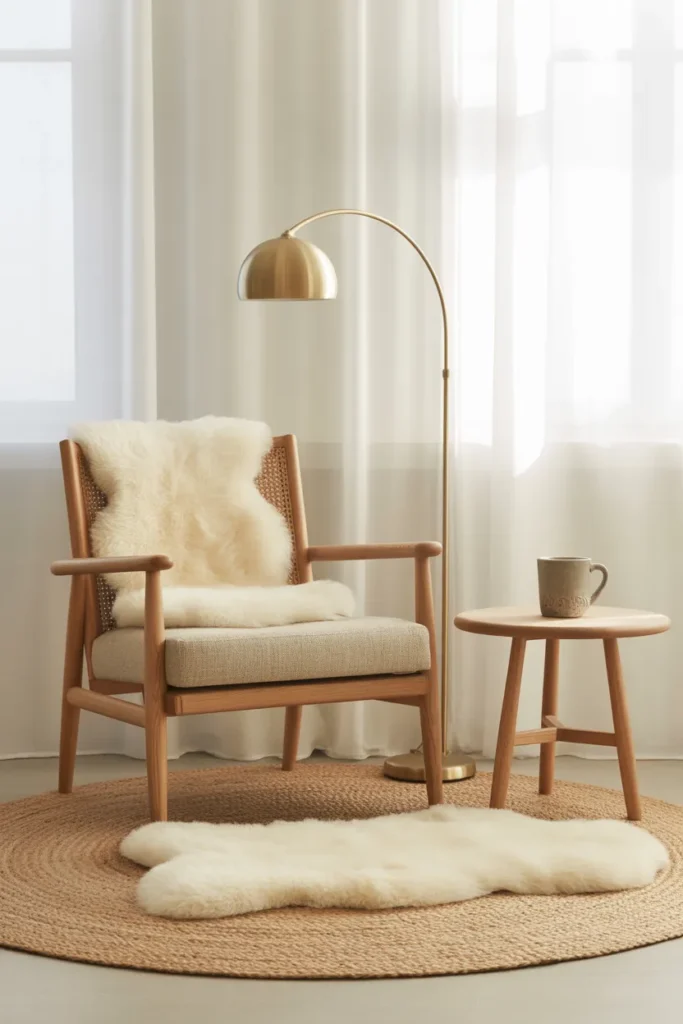 Layered jute and wool rugs under a Scandinavian reading nook chair with sheepskin throw