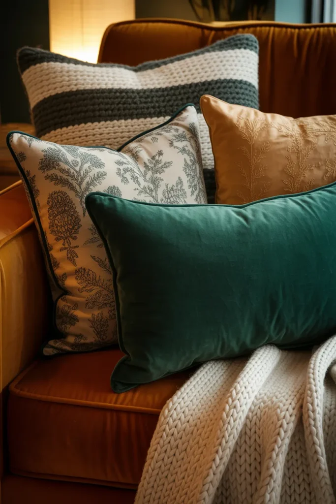 Layered maximalist throw pillows in floral, stripe, embroidered and velvet textures on an oxblood chair