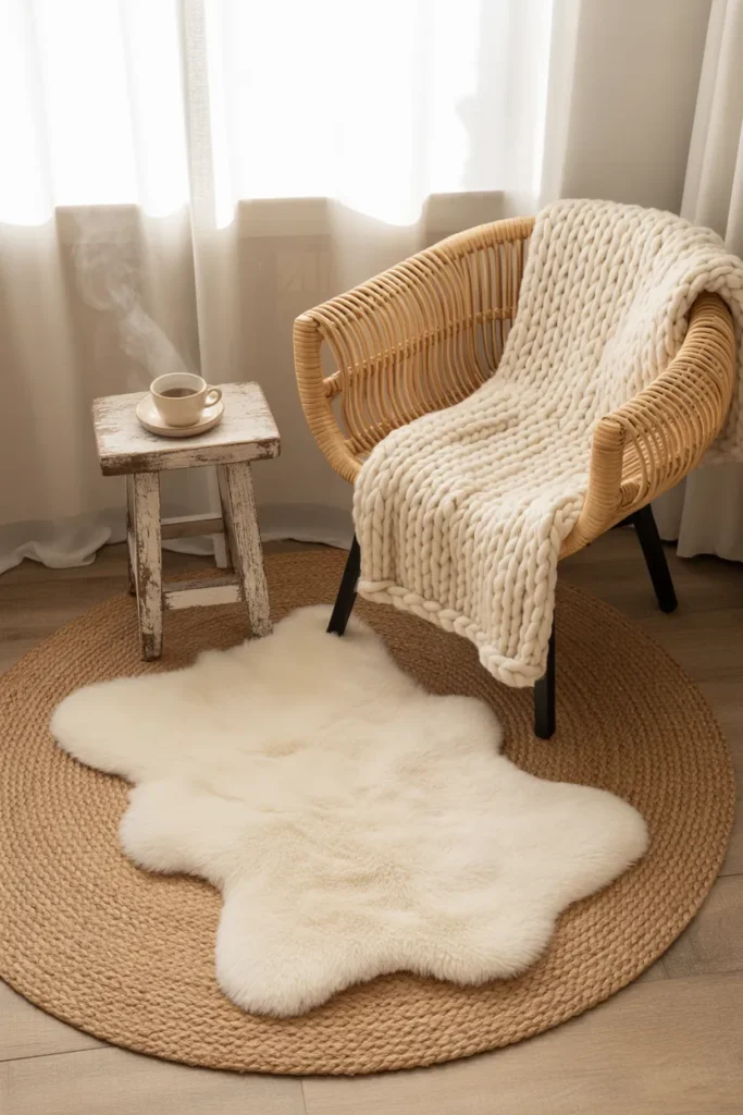  Layered reading nook rugs with jute base and sheepskin top under a rattan chair