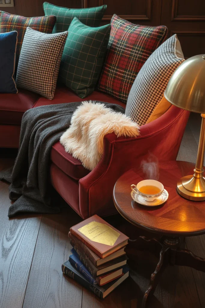 Layered textile dark academia reading nook with armchair draped in velvet and faux fur, plaid cushions, teacup, and stacked books