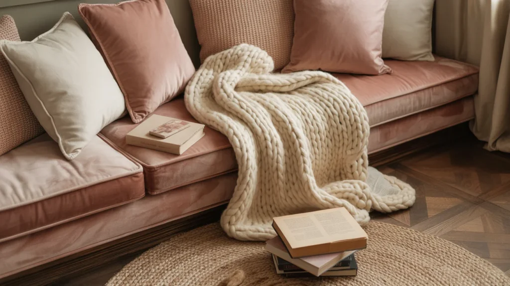 Layered textiles in a reading nook including velvet cushions, chunky knit throw, and jute rug on hardwood floor