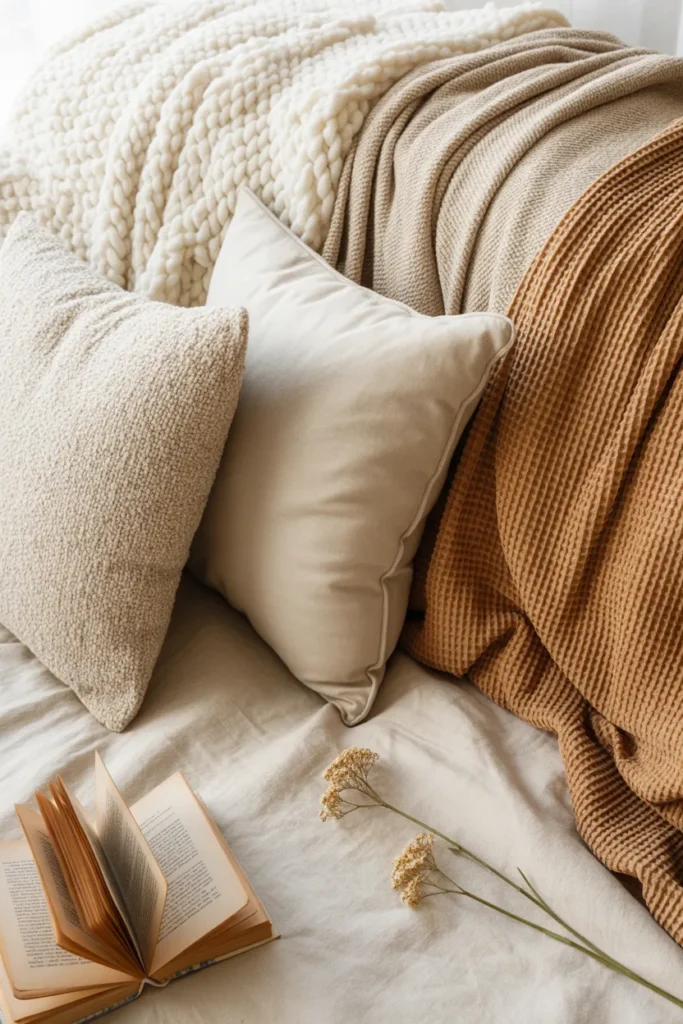 Layered throw blankets and pillows in cream, oatmeal, and rust for a cozy reading nook on a budget.