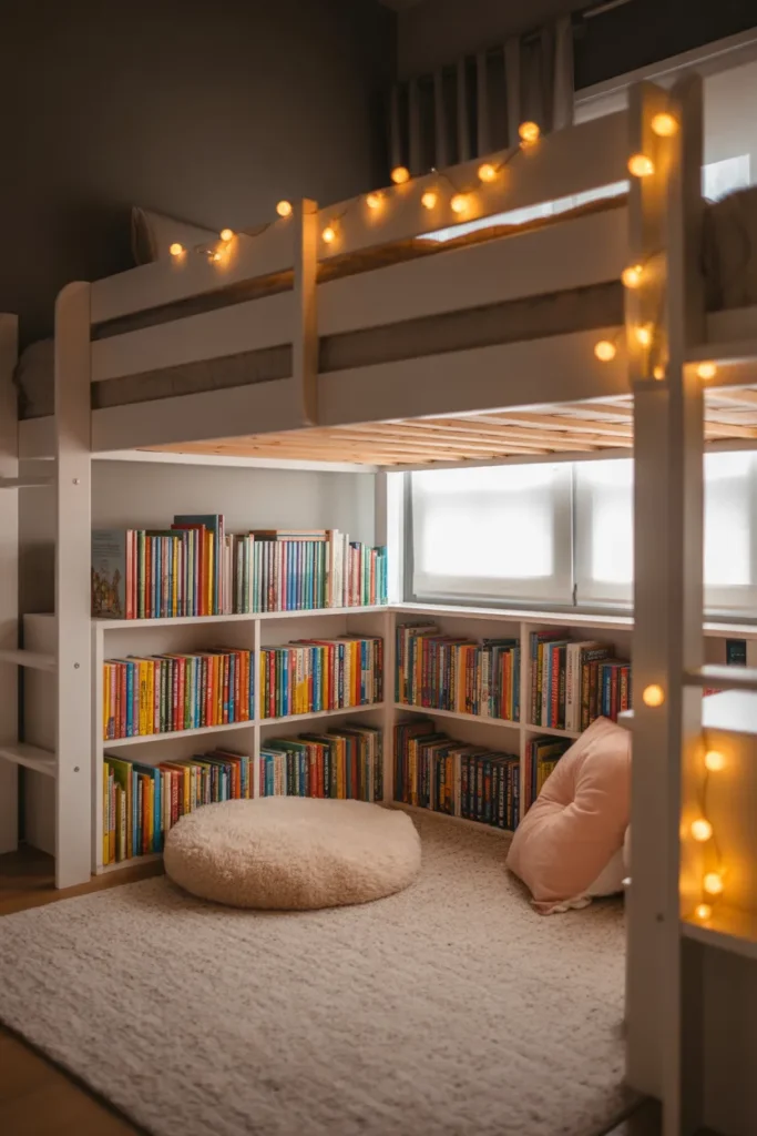  Loft bed reading nook for kids with built in bookshelves and fairy lights