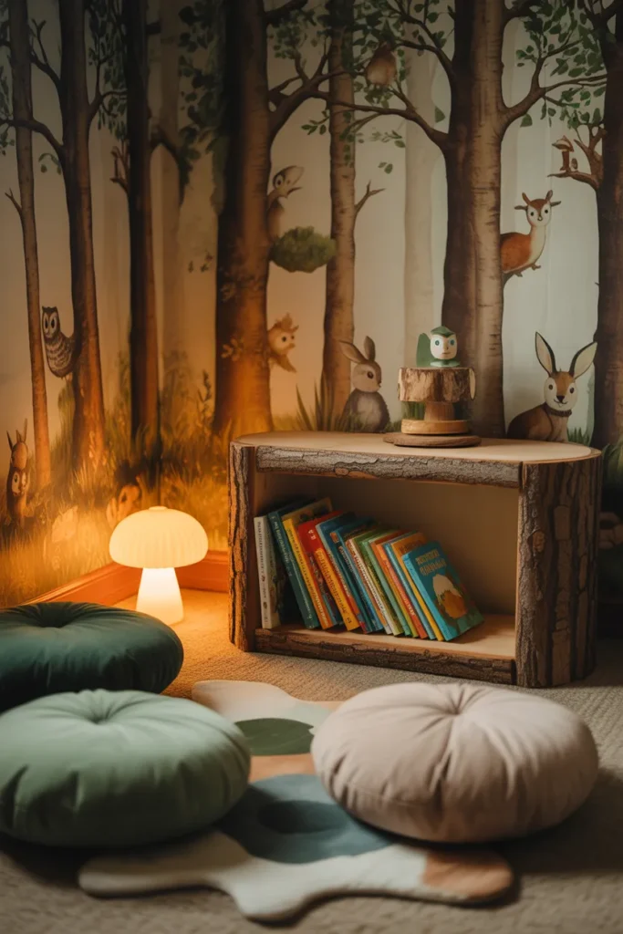  Magical woodland themed kids reading nook with tree bookshelf and storage
