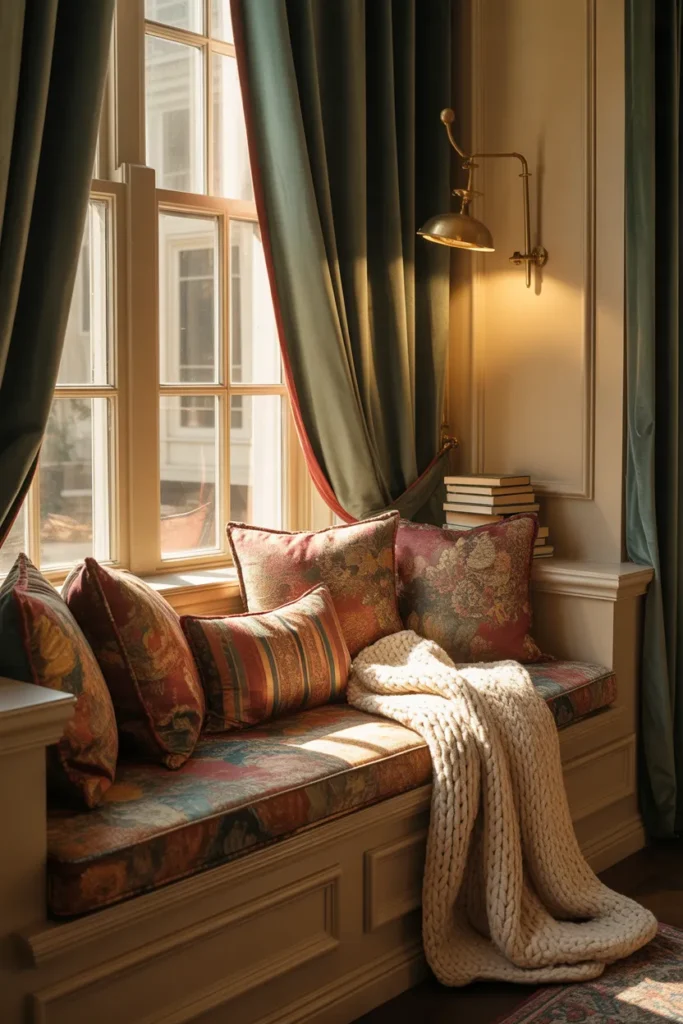 Maximalist window seat reading nook with layered patterned pillows and green velvet curtains