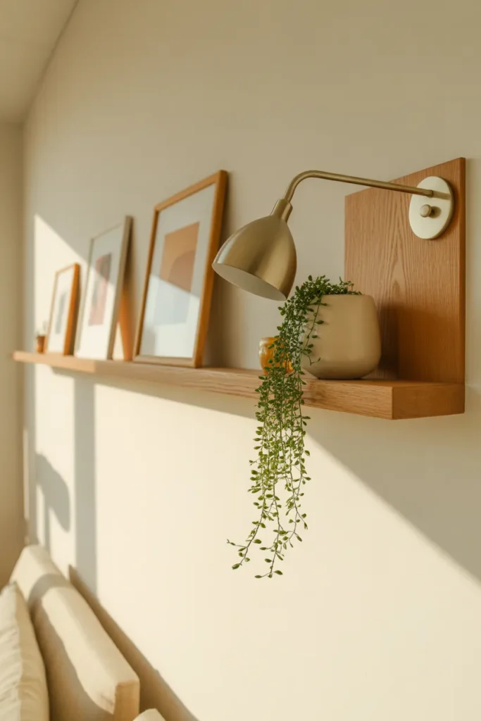 Mid-layer reading nook wall decor with sconce picture ledge and trailing plant