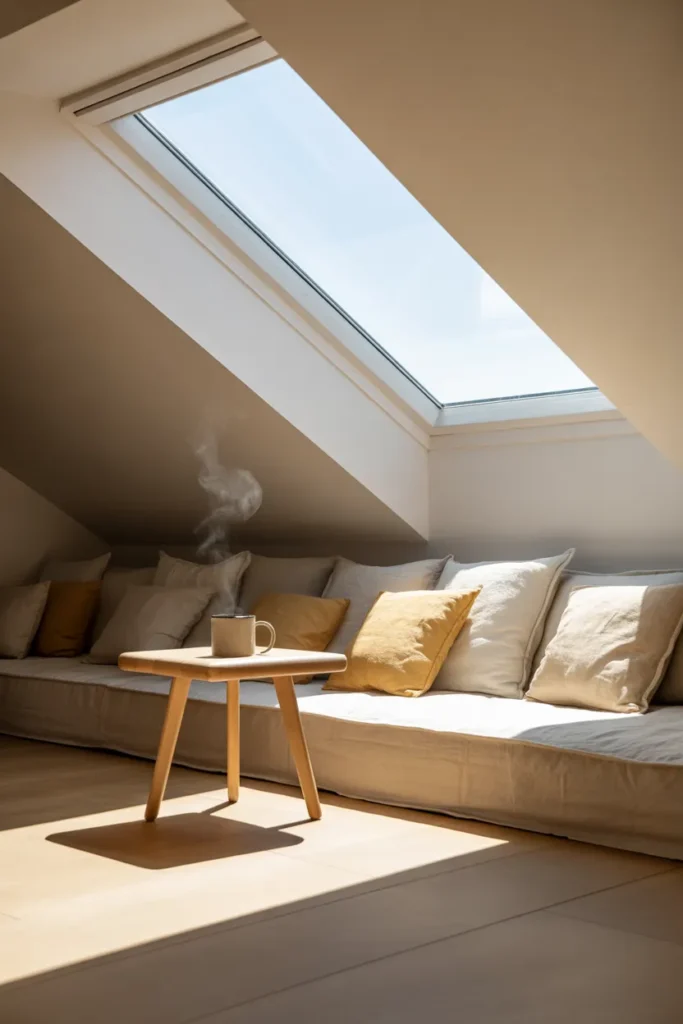 Minimalist attic reading nook under skylight with linen daybed and sloped ceiling