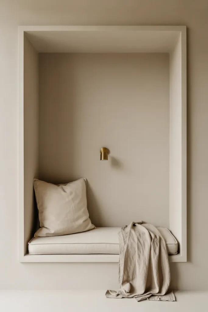 Minimalist built in reading nook alcove with cream cushion and brass wall light