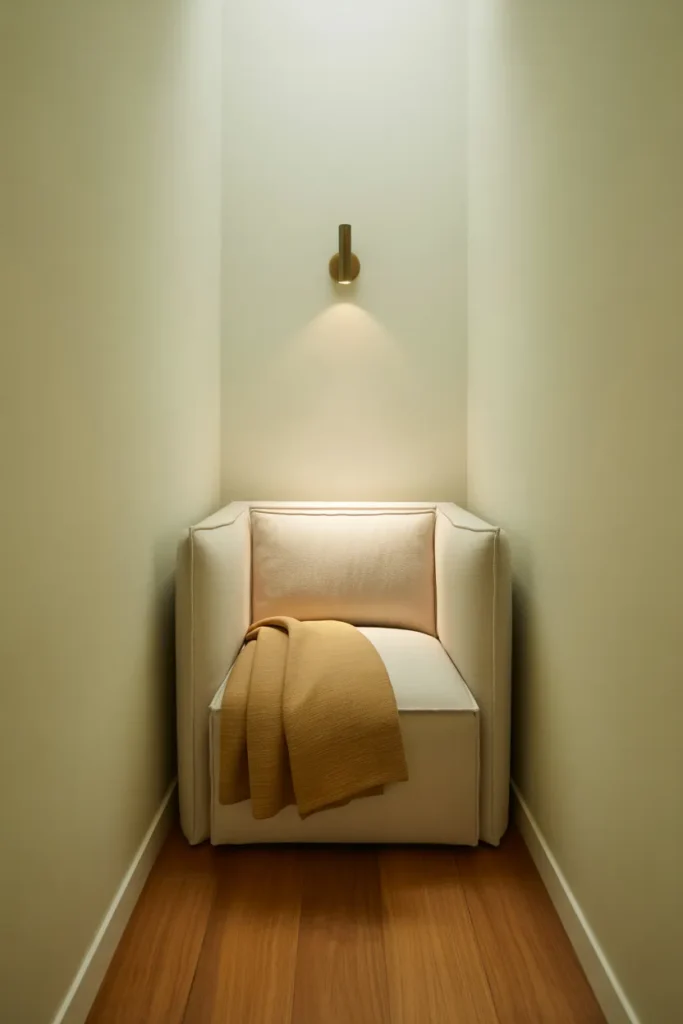 Minimalist hallway reading nook with cream armchair and brass wall sconce