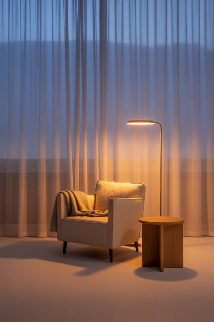Minimalist reading nook at dusk with warm brass floor lamp and cream armchair