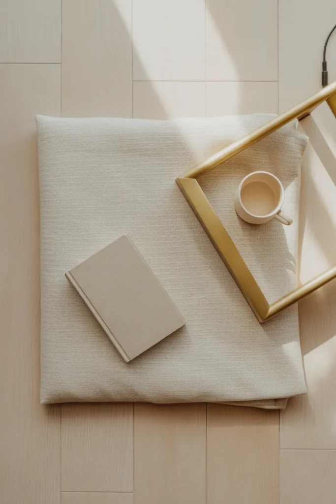 Minimalist reading nook essentials flat lay with linen throw book and ceramic mug