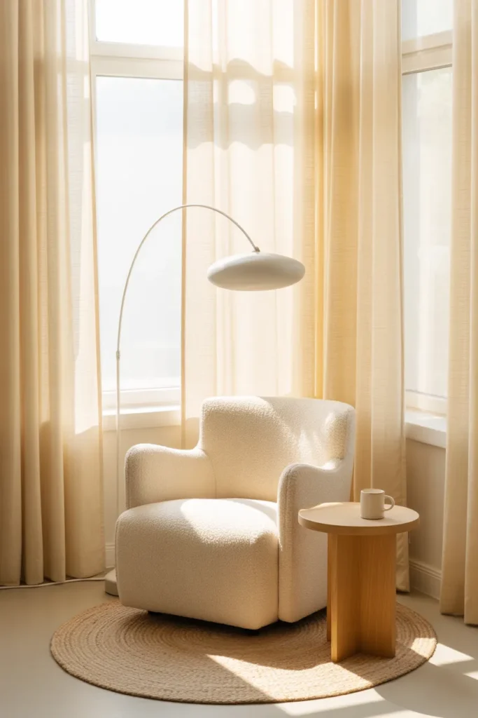 Minimalist reading nook ideas in a neutral cream corner with boucle armchair and oak side table