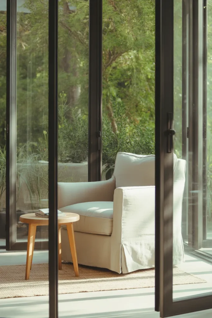 Minimalist sunroom reading nook with linen armchair and neutral jute rug
