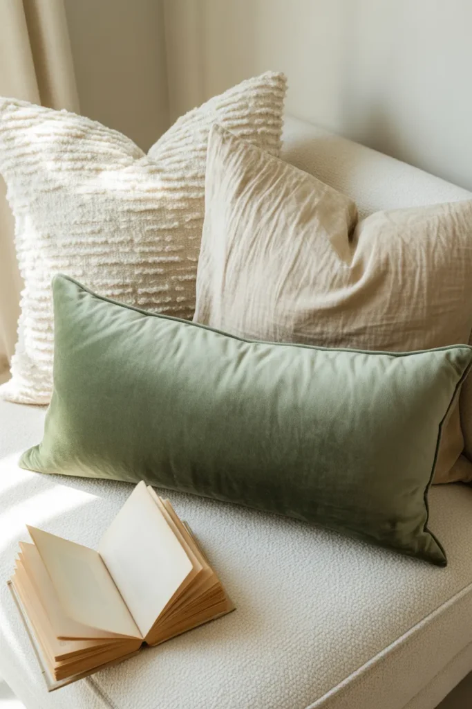 Mixed texture throw pillows on a boucle reading chair for a cozy layered nook look