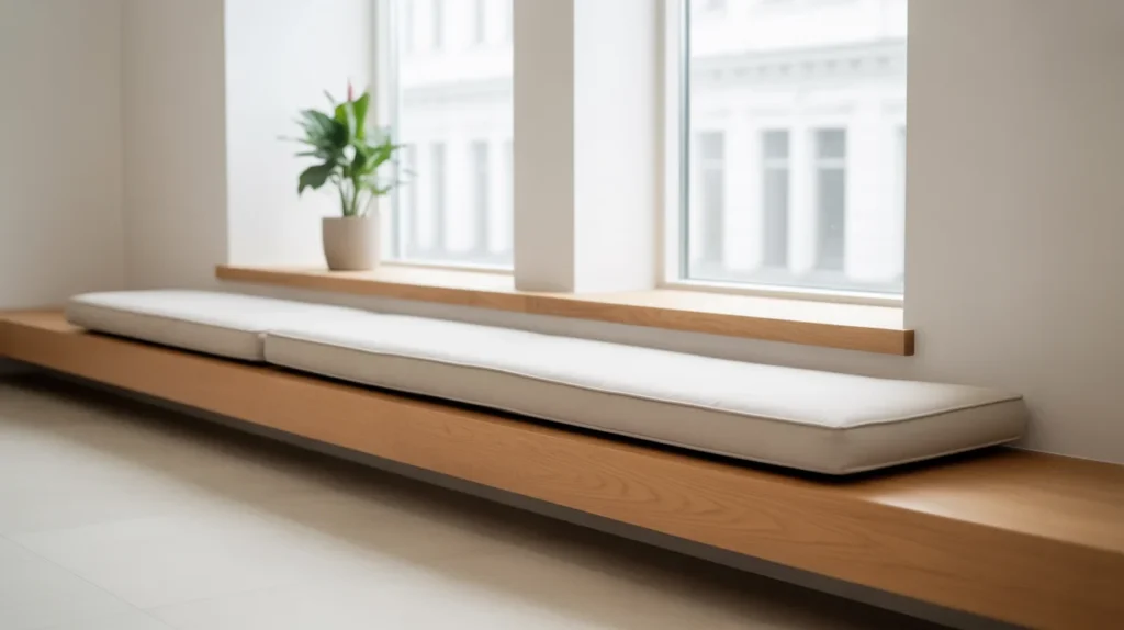 Modern minimalist floating window seat with oak wood, white cushion, and Scandinavian decor