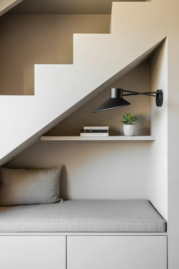 Modern minimalist under stairs reading nook with white walls, floating shelf, and sleek reading light