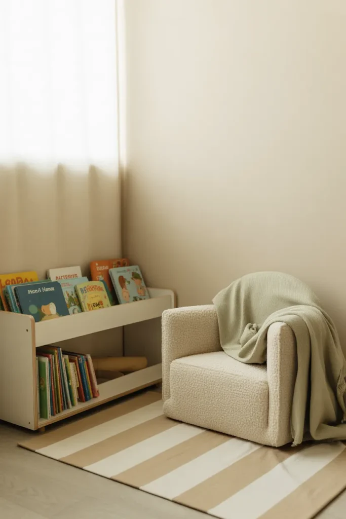 Montessori toddler reading corner with forward-facing bookshelf and bouclé chair