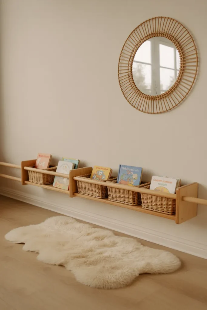 Montessori toddler reading nook with hanging book baskets and sheepskin rug