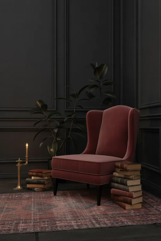 Moody maximalist reading nook with charcoal walls, oxblood chair, and single dramatic lamp