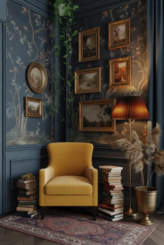 Moody maximalist reading nook with chinoiserie wallpaper, mustard velvet chair, and vintage gallery wall