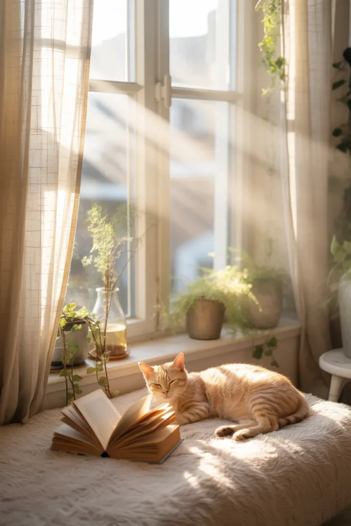 Natural morning light through sheer curtains over a window seat — the most beautiful free reading nook lighting idea.