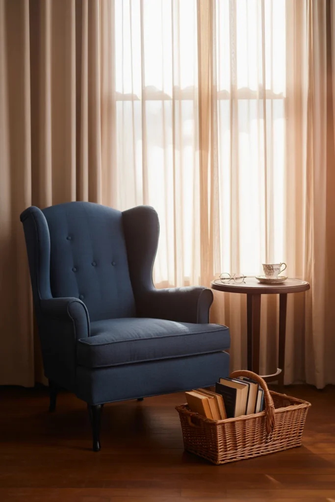 Navy wingback reading nook chair by window with natural light — classic comfortable reading chairs for home