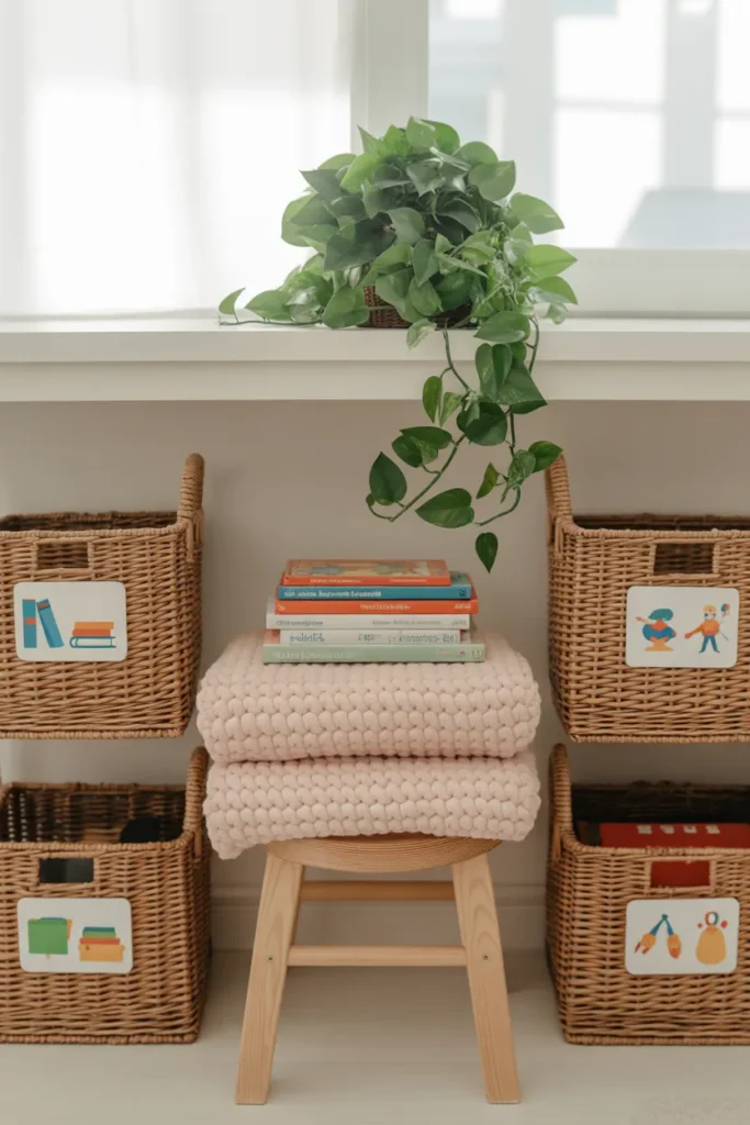 Organized kids reading nook with labeled storage baskets and tidy book display