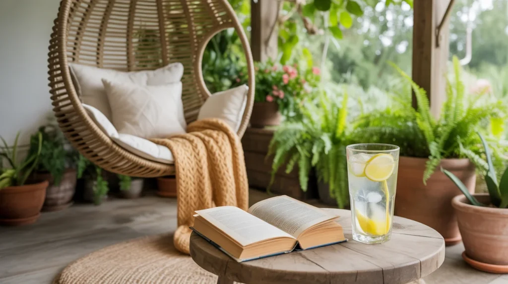 Outdoor patio reading nook with hanging egg chair, throw blanket, potted plants, and lemonade on a side table