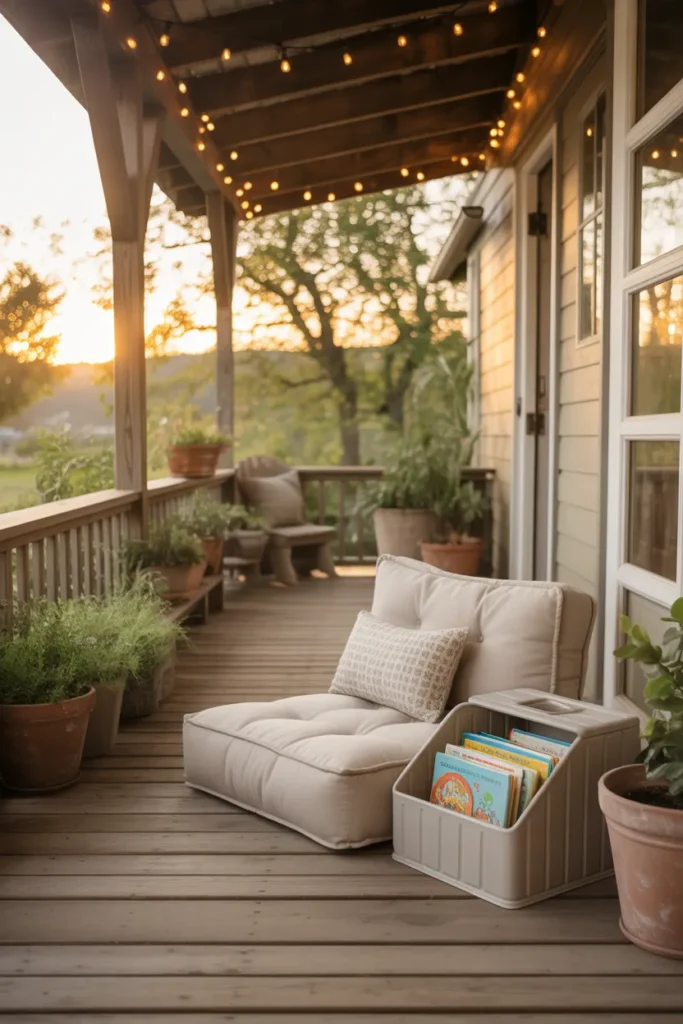 Outdoor porch toddler reading nook with floor cushion and solar string lights