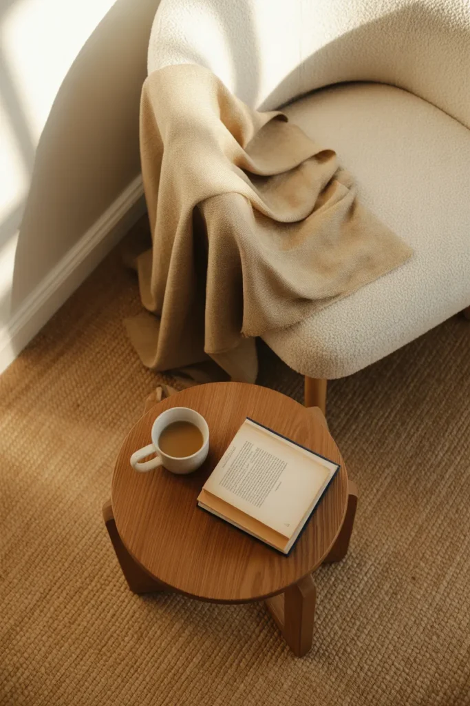 Overhead view of a minimalist reading nook setup with oak side table book and ceramic mug