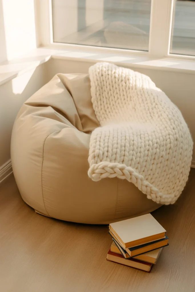 Oversized bean bag reading nook chair in a cozy corner with books and throw blanket — budget reading nook chairs