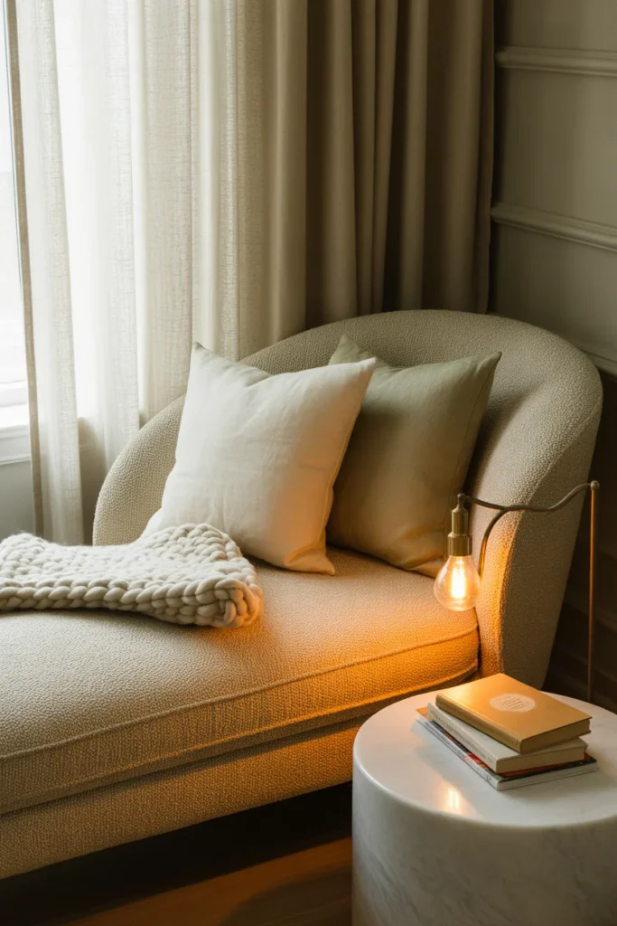 Oversized boucle chaise lounge reading nook chair with throw pillows — luxury reading chairs worth the splurge