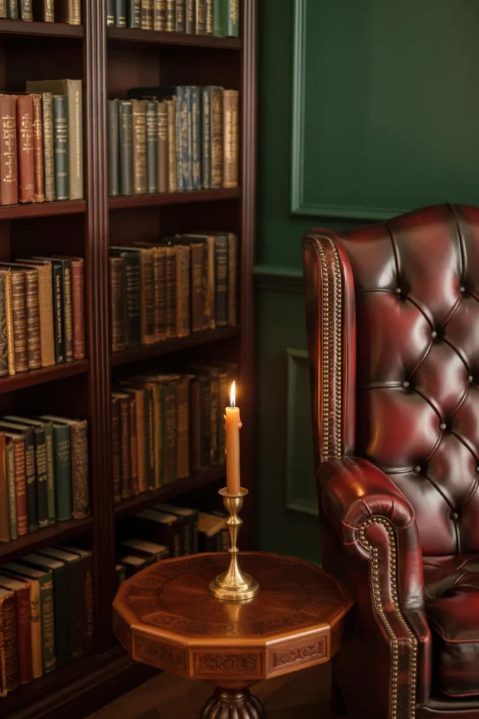 Oxblood leather wingback reading chair beside a vintage dark wood bookcase with brass candlestick and leather-bound books