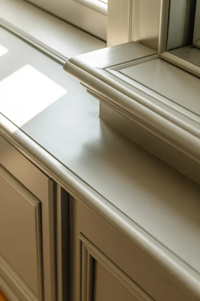 Painted face trim detail on a built-in window seat reading nook with hidden storage.