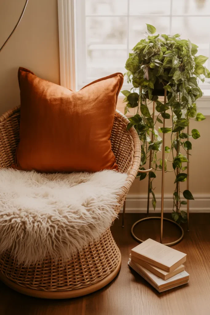 Papasan chair reading nook in home office corner with sheepskin and plants