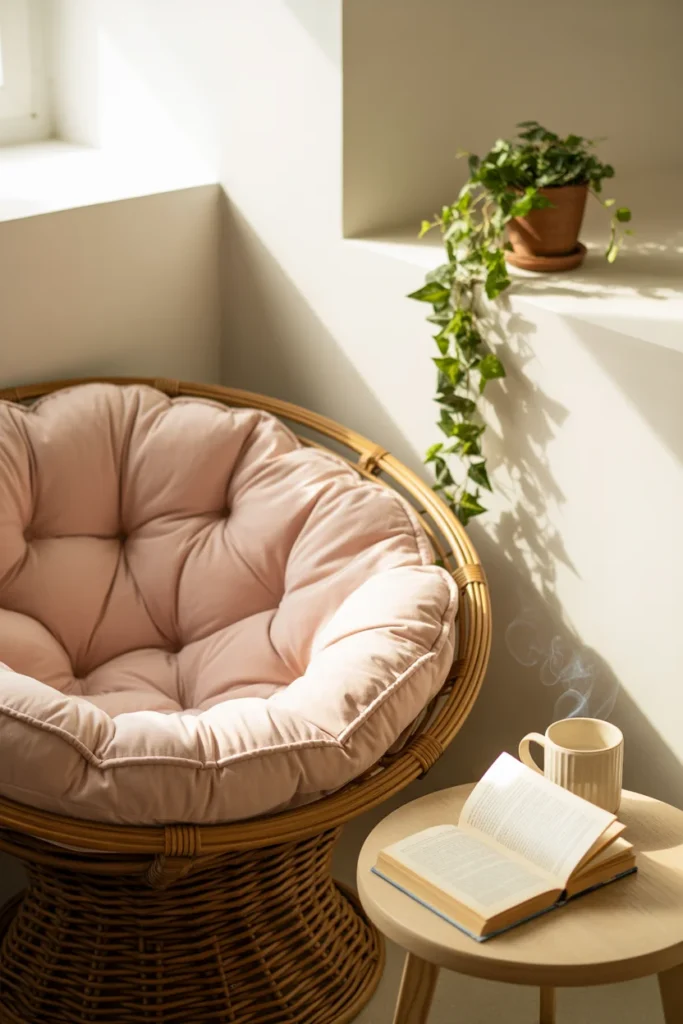 Papasan reading nook chair with pink cushion and side table — cozy affordable reading nook chairs for small spaces