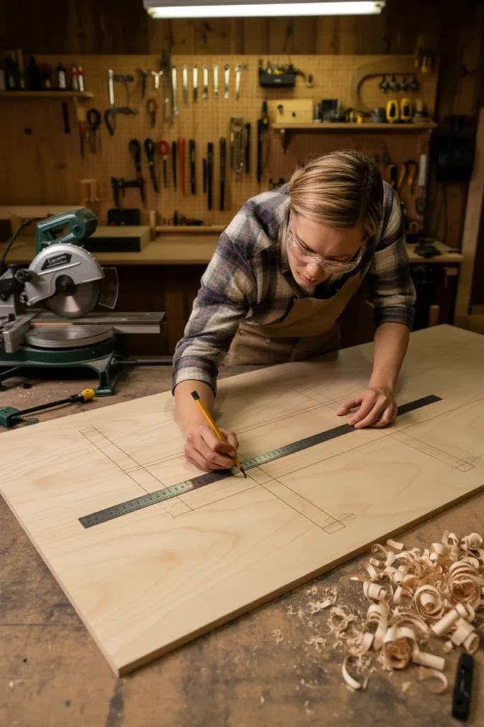 Person measuring plywood for a DIY reading nook bench build in a home workshop