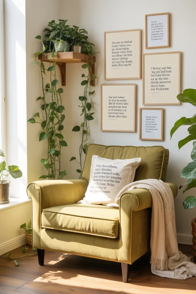 Personalized reading nook with framed book quote gallery wall trailing pothos plant and cozy armchair