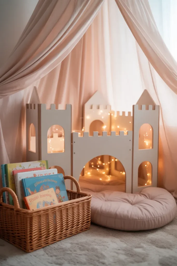 Princess-themed toddler reading nook with castle frame, canopy, and fairytale books