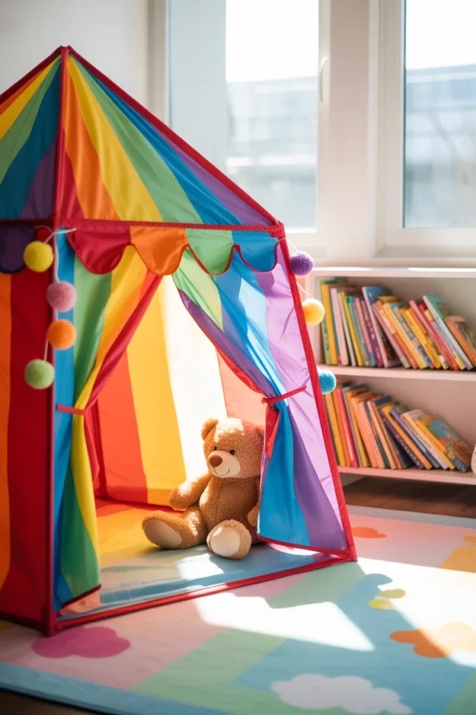 Rainbow canopy tent reading nook ideas for toddlers and young kids — colorful cozy reading corner