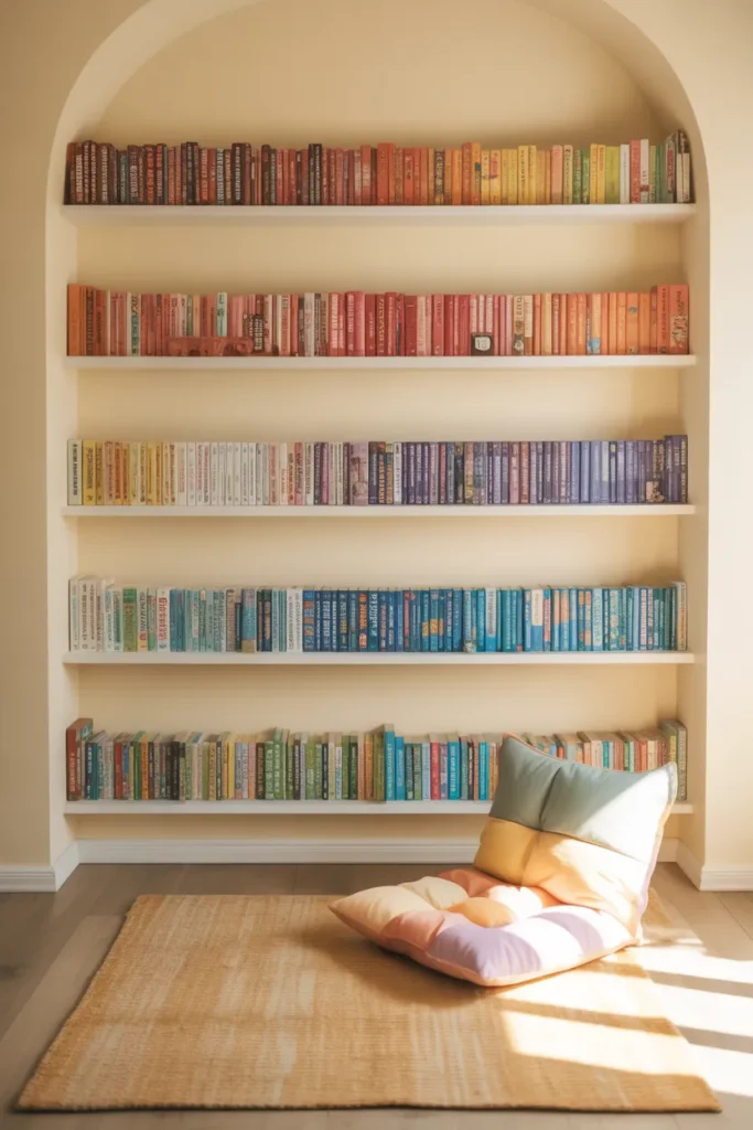 Rainbow color-sorted book wall with five picture ledges in toddler reading corner