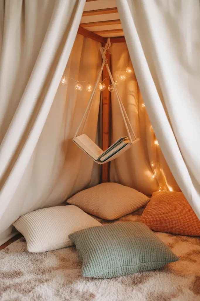 Reading cave under loft bed with draped sheets and floor pillows