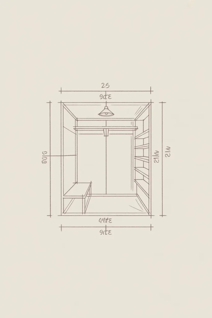 Reading nook closet conversion floor plan with dimensions for bench seating and shelving