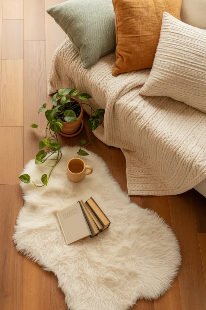 Reading nook closet styling flat lay with cushions, throw blanket, books and plant